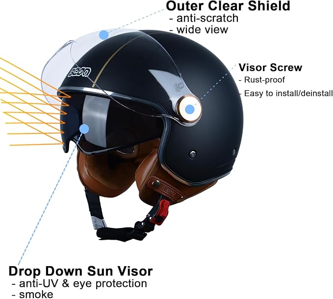 Open Face Motorcycle Helmet for Adults, DOT Approved,3/4 Retro Vespa Helmet, Dual Visors Men's and Women's Motorbike Casco for Moped Cruiser Bobber and Chopper
