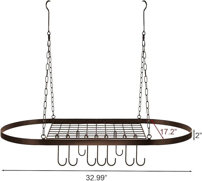 Sorbus Pot and Pan Rack for Ceiling 31" with 10 S Hooks — Decorative Oval Mounted Storage Rack — Multi-Purpose Organizer Great for Home, Restaurant, Kitchen Cookware, Utensils, Books, (Bronze)