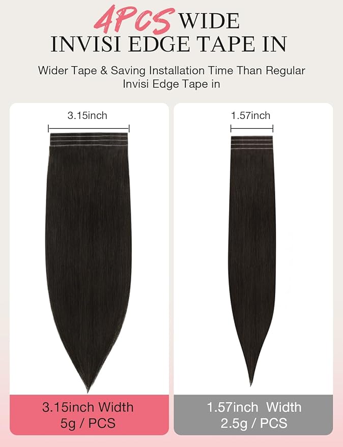 DOORES Invisi Edge Tape in Wide Hair Extensions Human Hair, Dark Brown 4PCS Injection Tape ins 20g 14 Inch, Virgin Human 3 Inch Wide Injected Extensions Invisible