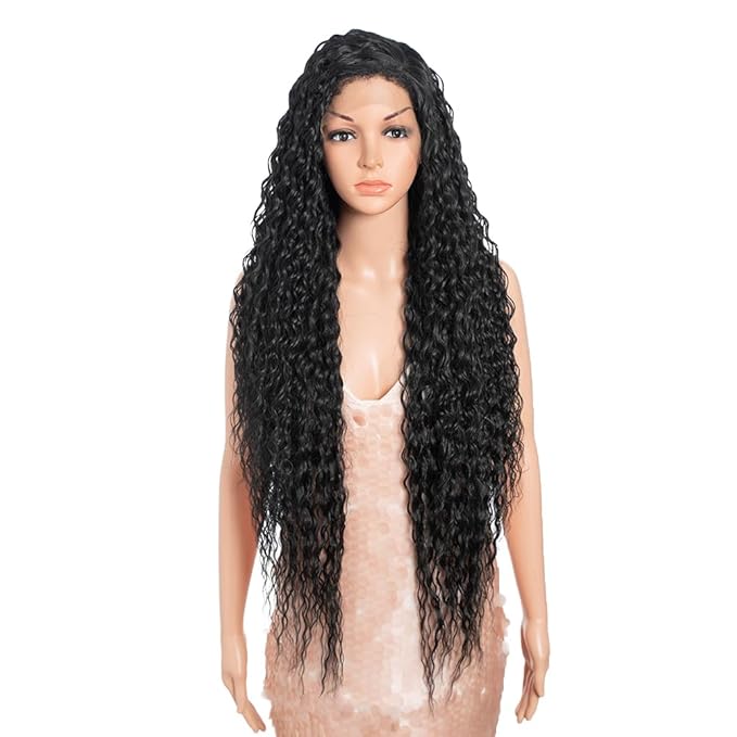 Style Icon 36”Super Long Curly Wig C-Shaped Side Part Lace Wig Afro Baby Hair Synthetic Black Wigs(36 inches, 1B)