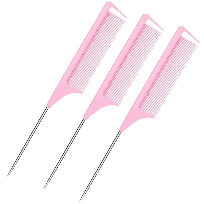 Rat Tail Combs 3PCS, Parting Combs for Braiding Hair Carbon fiber heat-resistant anti-static, for Sectioning, Parting, Styling Hair (Pink)