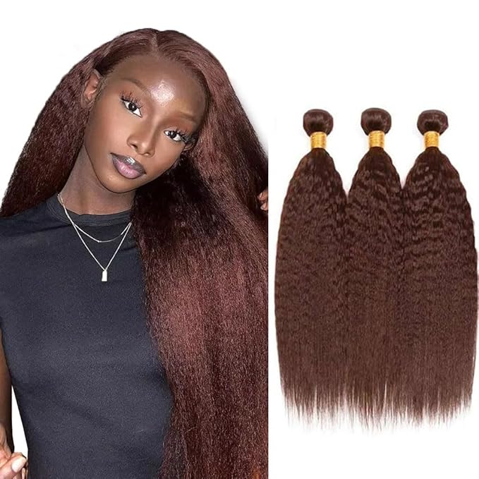 Color 4 Human Hair Bundles Brown Kinky Straight Bundle Brazilian Virgin Soft and Silky Remy Hair 3 Bundles 22 24 26 Inch Double Weft Color 4 Yaki Bundle Chocolate Brown Color 300g