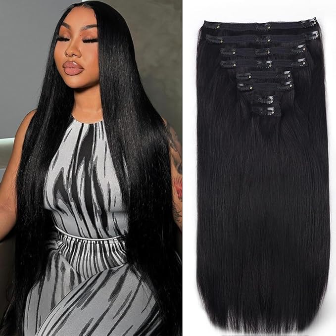 30Inch Clip in Hair Extensions Real Human Hair Straight 8Pcs Remy Hair Extensions Clip in Human Hair with 18Clips Double Lace Weft 120g Natural Color