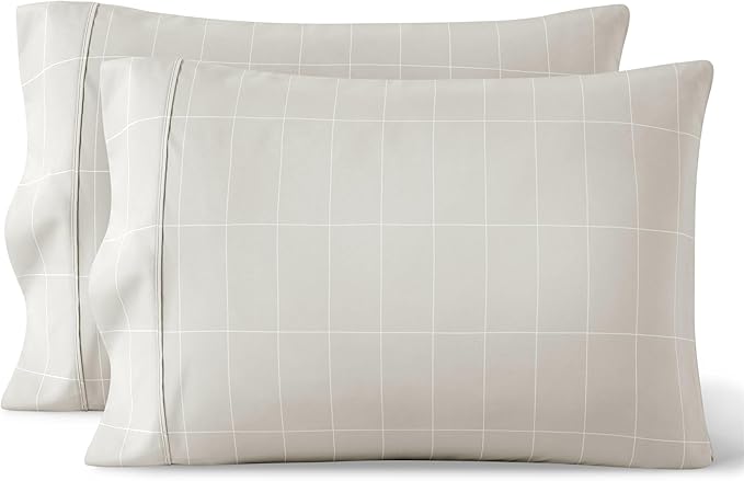 Bare Home Microfiber Pillow Cases - King Size Set of 2 - Cooling Pillowcases - Double Brushed - Pillowcases 2 Pack - Easy Care (King, Grid – Stone/White)