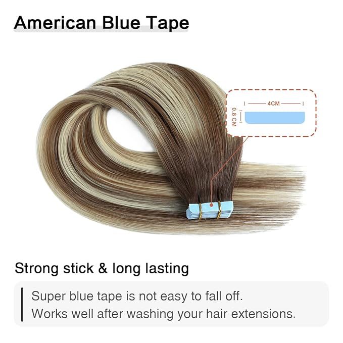 SUYYA Tape in Hair Extensions Human Hair Balayage Chocolate Brown to Bleach Blonde and Chestnut Brown 50g/pack 20pcs Straight Seamless Skin Weft Tape in Real Human Hair Extensions(18inch #P6/613/T4)