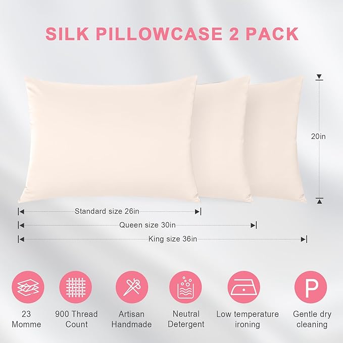 100% Silk Pillowcase 2 Pack for Hair and Skin, Both Sides 23 Momme Grade 6A+ Mulberry Silk Pillowcases with Hidden Zipper, Soft&Smooth Cooling Pillow Cases (Beige, King 20×36)