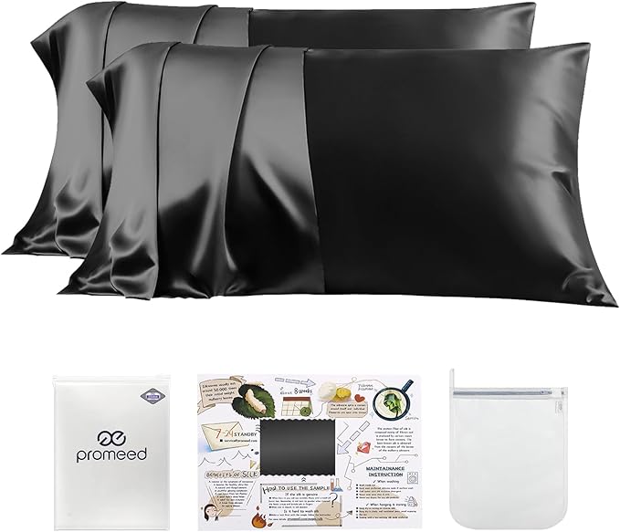 PROMEED 23 Momme Silk Pillowcase 2 Pack with Zipper, 3rd Gen Grade 6A+ 100% Mulberry Silk Pillow Case Set of 2, Cooling Pillow Cases for Hot Sleepers (Standard 20"x26", Black)
