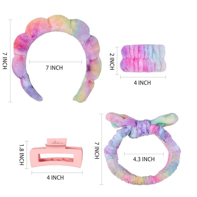 7 Pcs Spa Set, Facial Headband and Wristband Set, Skincare Accessories, College Style Girl Idea Gifts, Hair Accessories for Women and Girls（Tie Dye Colourful ）