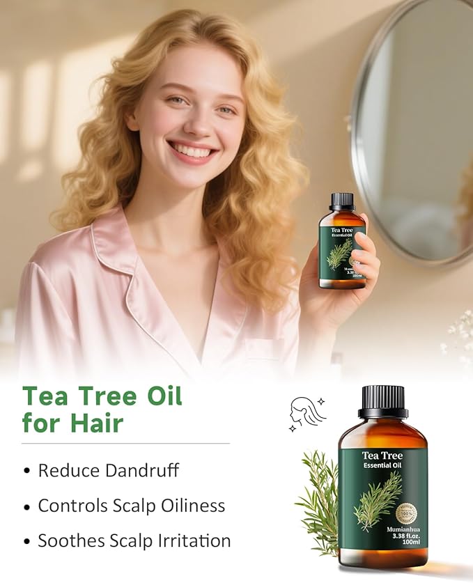 Pure Tea Tree Essential Oil, Mumianhua Natural Purifying Oil for Home & Outdoor Protection, Aromatherapy for Cleansing Air, Diffuser, Hair, Skin & Nail Care, 3.38 Fl Oz