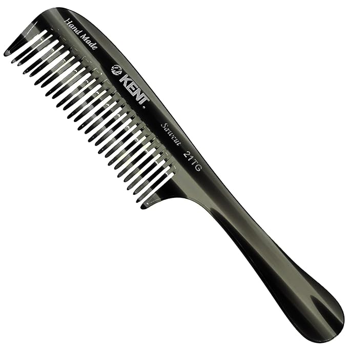 Kent 21T Black Graphite Large Wide Tooth Detangling Comb, for Thick Curly Wavy Hair. Handled Comb For Wet and Dry Hair. Handmade of Quality Cellulose, Saw-Cut Hand Polished, Made in England