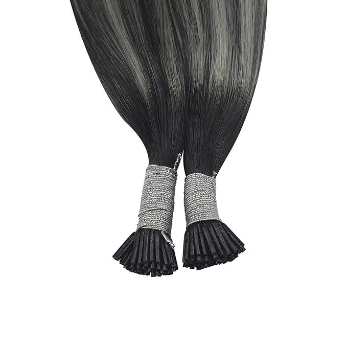 YoungSee Itip Human Hair Extensions Ombre Black 22 Inch I Tip Extensions Silver with Black Balayage Itip Extension Human Hair Pre Bonded Hair Extension Itips Hair Extension Long Hair 50s 50g