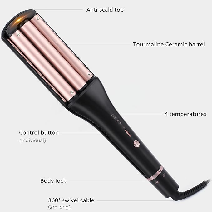 janelove 4 in 1 Hair Crimper, Hair Waver, Beach Waves Curling Iron Create 4 Types of Waves 0.75 & 1 & 1.1& 1.25 Inch, for Water/Mermaid/Beach/Deep defned Waves, 4 Temps with LED Display