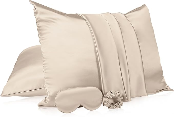 2 Pack Satin Pillowcase with Hidden Zipper, Adjustable Satin Eye Mask for Sleeping and Satin Volume Scrunchie for Hair and Skin, Standard Size(Champagne,Classic Style)