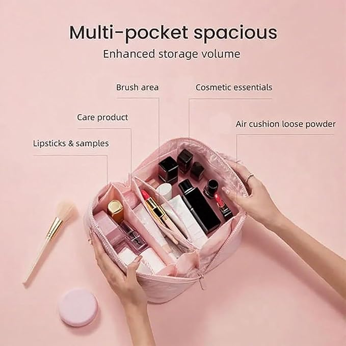 Petition Travel Makeup Bag for Woman,Festivalment Lay Flat Makeup Bag, Wide Open Water-Resistant Cosmetic Case,Puffy Padded Organizer for Toiletries & Brushes Large Capacity with Compartments (black)