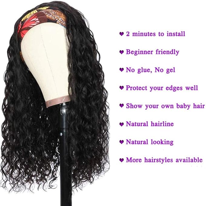 KLAIYI Headband Human Hair Wig Water Wave Curly Non Lace Front Wigs for Black Women Deep Wave Glueless Wear and Go Half Wig with Band 30S Ready to Wear Beginner Friendly 180% Natural Hairline 16Inch
