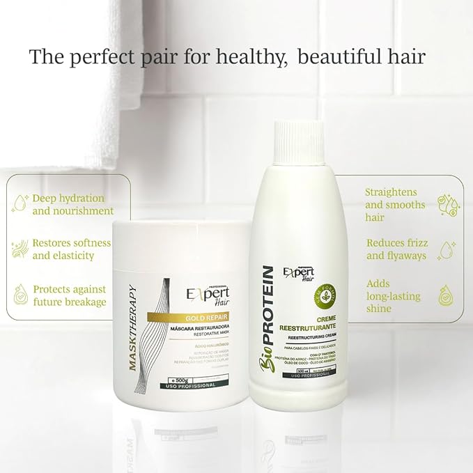 Expert Hair Bio Protein Straightening & Smoothing Kit – Protein Keratin straightening + Gold Repair Mask for Ultimate Hair Transformation – Straight, Silky, Moisturized Hair