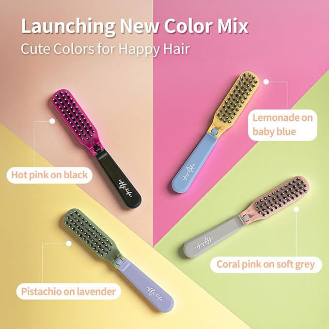 Uffy MiniPop Travel Hair Brush – Mini Folding Boar Bristles for Women, Men & Kids | Kid-Friendly Compact Comb for Wet & Dry Hair, Curly or Straight | Pocket-Size Detangler - Coral Pink on Soft Grey