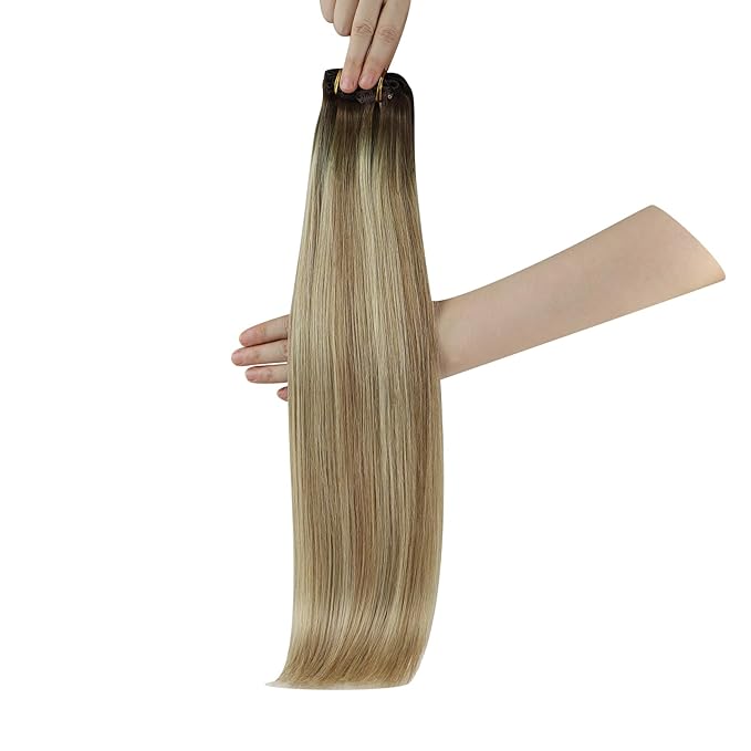 YoungSee Clip in Hair Extensions Real Human Hair Brown Ombre Clip in Human Hair Extensions Walnut Roots to Light Brown with Blonde Hair Extension Clip ins 22Inch 120G 7Pcs