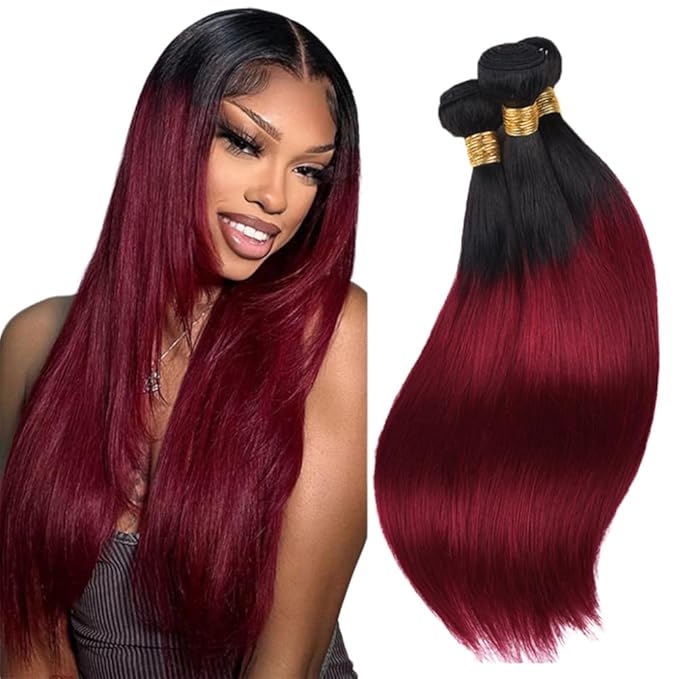 22 24 26 Inch Ombre Bundles Human Hair Burgundy Straight Bundles Peruvian Virgin Remy Hair Extensions Niegmeag Double Weft 2 Tone Black and Red Straight Bundle Hair Weave 300g