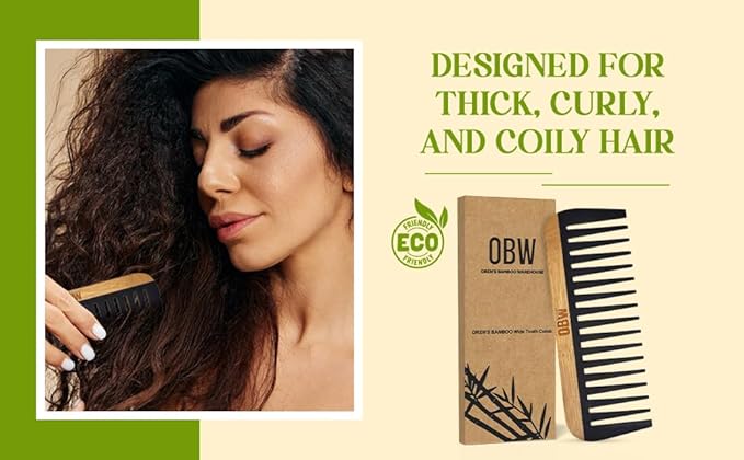 OBW Bamboo Wide Tooth Comb – Detangler for Curly, Thick & Natural Hair – Dimensions: 5.8x2.1 in, 1.1 oz - Lightweight & Durable Bakelite-Infused Comb for Men & Women – Anti-Frizz Hair Tool by ORW