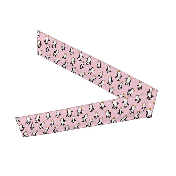 Men's Women Novelty Sports Sweat Bands Hair Decor for Sports Workout Spa, Long Boho Style Cute Cartoon Penguin And Heart Pink Head Band Headdress