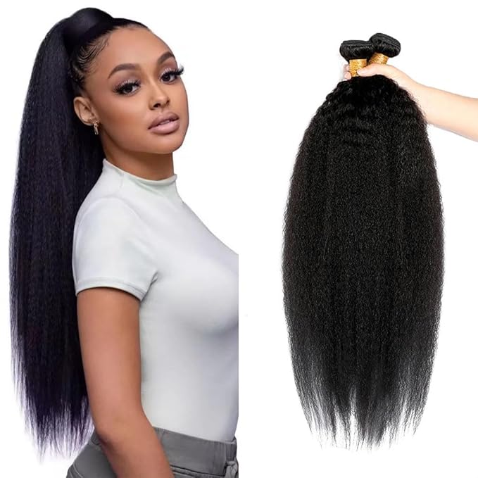 Yaki Straight Bundles Color 1B Kinky Straight Human Hair Bundle Niegmeag Brazilian Virgin Remy Hair 3 Bundles 24 26 28 Inch Double Weft Soft and Silky Natural Black Yaki Bundle 150g