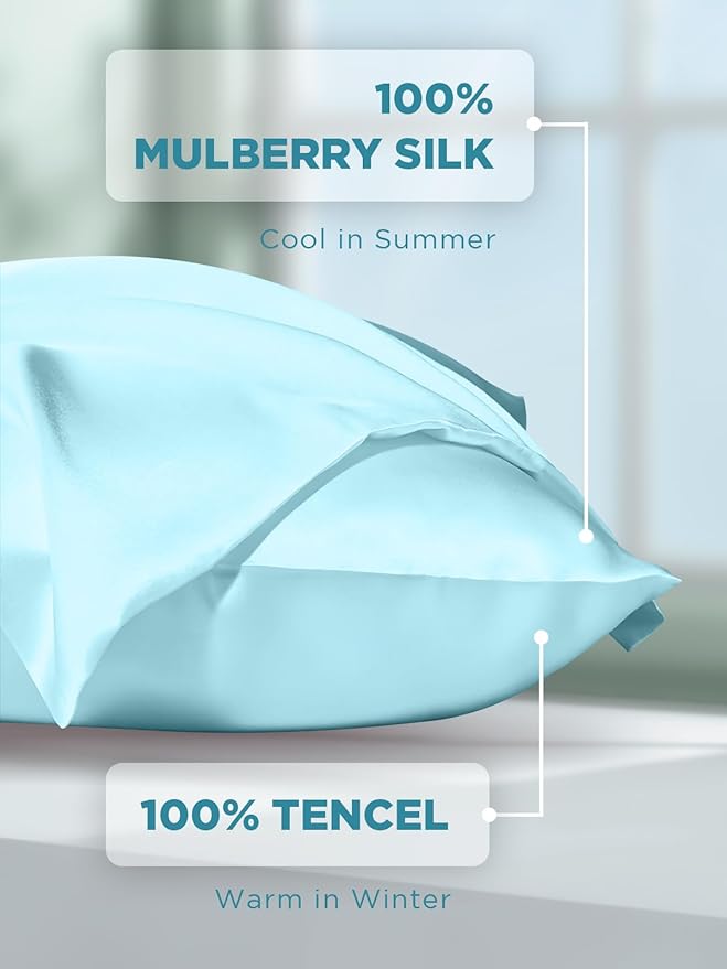 Mulberry Silk Pillowcase for Hair and Skin, SGMSILK 22 Momme Natural Silk Pillow Cases with Zipper, 6A Soft and Smooth Single Sided Pure Silk Pillow Cover (Haze Blue, King 20"x36")