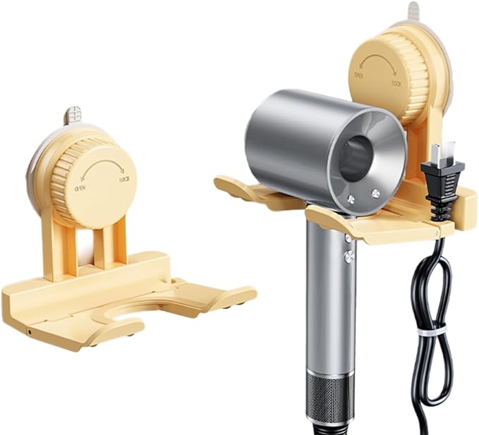 Universal Hair Dryer Holder,Blow Dryer Hanger Wall Mount for Hair Dryer Storage with Strong Suction Cup & Locking Latch + Plug&Cord Organizer,For Bathroom,Vanity,and Cabinet Door（Apricot）