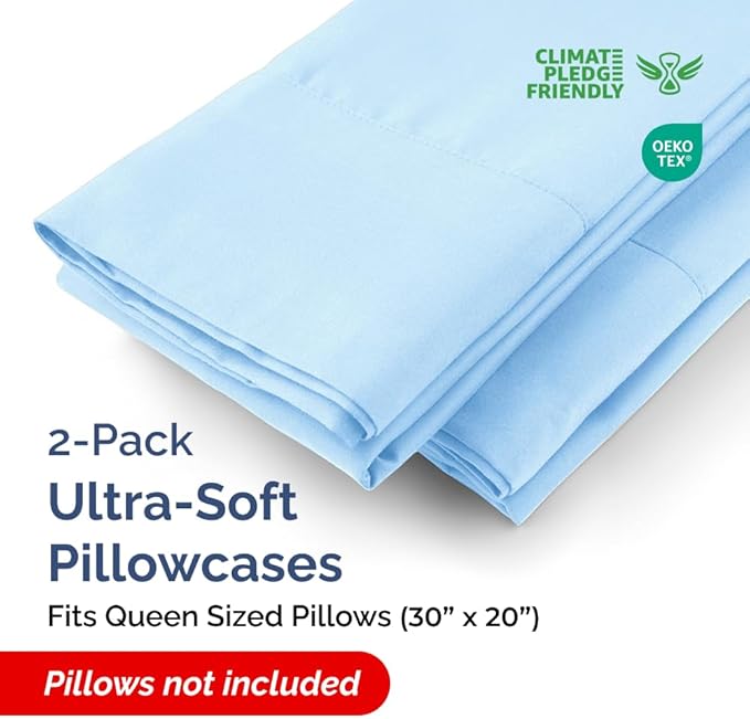 Queen Pillow Cases - 2 Pack - Super Soft Pillowcase Covers - Envelope Enclosure - Hotel Quality Pillow Protectors - Wrinkle Free, Shrink & Stain Resistant - Machine Washable - 20" x 30" (Light Blue)