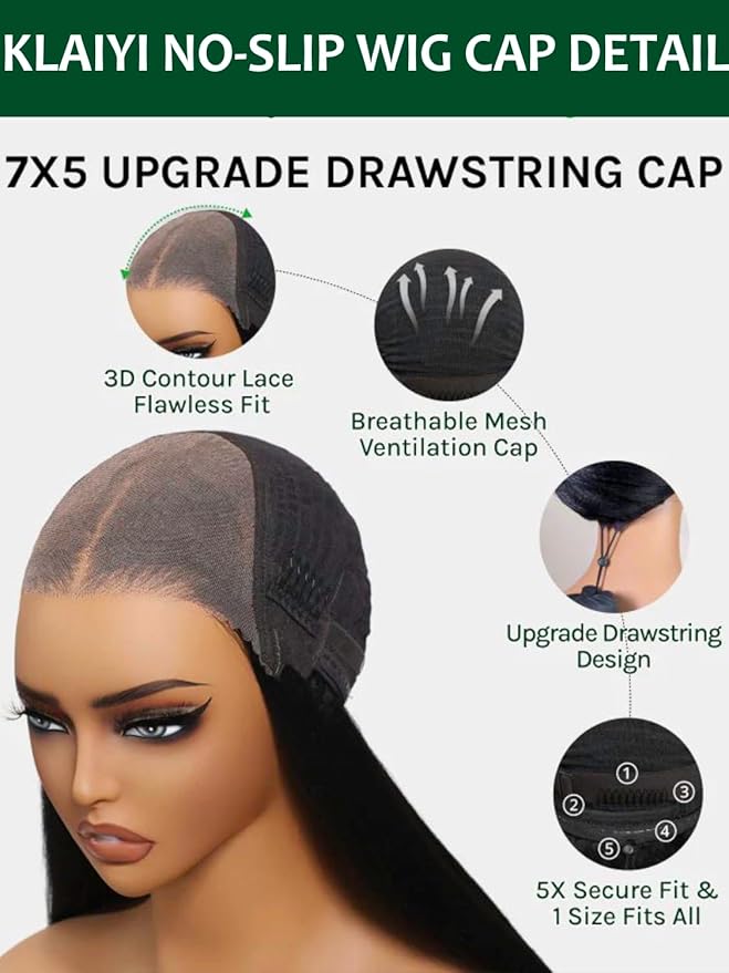 KLAIYI Bye Bye Slip™ Water Wave 7X5 Precut Lace Front Human Hair Wig Drawstring Glueless 3S Ready to Wear and Go Wig with Baby Hair Pre Plucked Bleached Bye Bye Knots Curly Wig 180%Density Full 16Inch