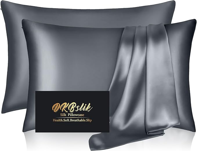 Silk Pillowcase 2 Pack, Natural Mulberry Silk Pillow Cases, Anti Acne Silk Pillowcase for Hair and Skin, King Size Silk Satin Pillowcase Set of 2 with Zipper, Gifts for Sleeping Women, Space Grey