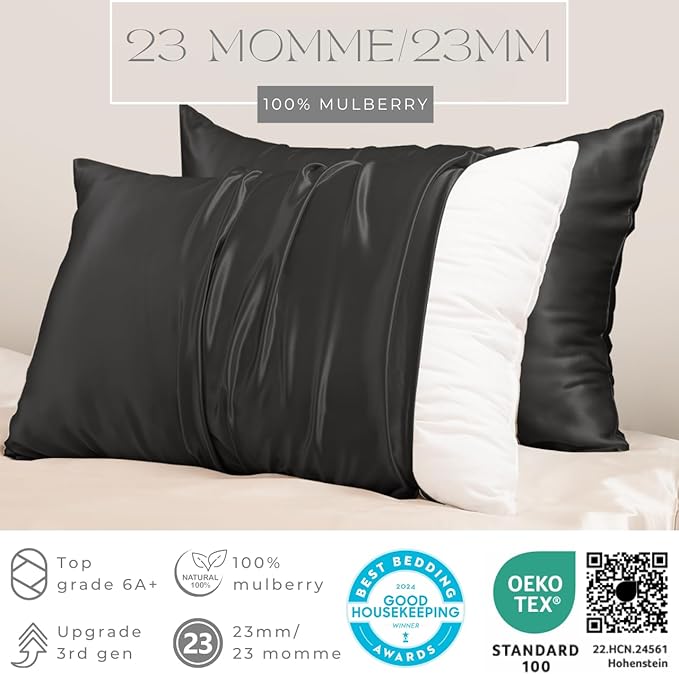 PROMEED 23 Momme Silk Pillowcase 2 Pack with Zipper, 3rd Gen Grade 6A+ 100% Mulberry Silk Pillow Case Set of 2, Cooling Pillow Cases for Hot Sleepers (Queen 20"x30", Black)