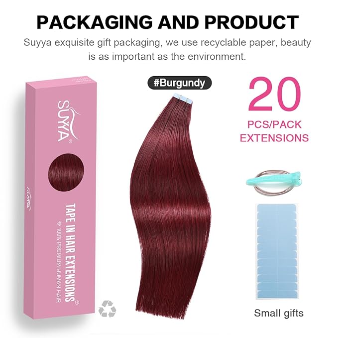 SUYYA Tape in Hair Extensions - Burgundy Straight Human Hair, 20 Pcs/Pack, 50g, 18 inch Wine Red