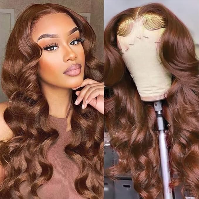 200% Density Chocolate Brown Human Hair Wigs 13x4 Body Wave Lace Front Wig Pre Plucked Chestnut Brown Colored Human Hair Wigs For Women HD Transparent Lace Front Wig 28 Inch