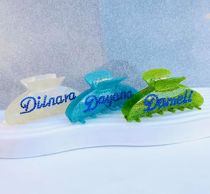 Personalized Name Hair Claw, Bridal Rhinestone Claw Clips (Glitter Blue Claw), Custom Cute Hair Clips