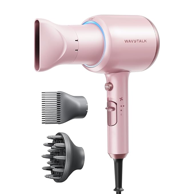 Wavytalk Hair Dryer with Diffuser, Blown Away Ionic Blow Dryer for Curly Hair with Comb, 1875W Fast Drying Hair Dryer with Ceramic Technology, 3 Attachments for All Hair Types, Light and Quiet, Pink