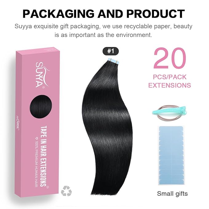 SUYYA Tape in Hair Extensions Human Hair Jet Black 26 Inch 60g/pack 20pcs Straight Seamless Skin Weft Tape in Real Human Hair Extensions(26inch #1 Jet Black)