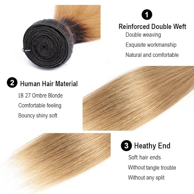 Blonde Bundles Human Hair Ombre Straight Bundle Niegmeag Brazilian Virgin Remy Hair 3 Bundles 18 20 22 Inch 2 Tone Black and Honey Blonde Straight Bundle Double Weft Hair Weave 300g