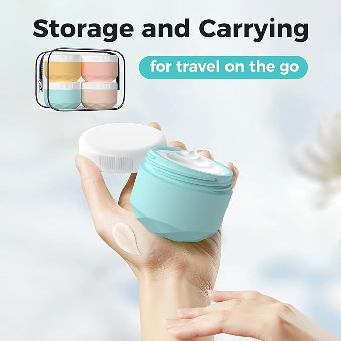 Travel Containers for Toiletries, 4-Pack TSA Approved Silicone Jars (2.5oz) - BPA Free Leakproof Cosmetic Containers for Creams, Lotion, Skincare & Makeup with Bonus Waterproof Bag