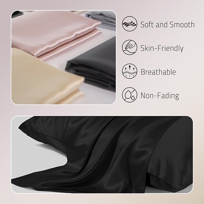 Mulberry Silk Pillow Cases Set of 2, Both Sides Real Silk Pillow Cover for Hair and Skin Prevent Acne Pillowcase Organic Silk Pillowcase 2 Pack with Hidden Zipper, Black, Queen (20"×30")