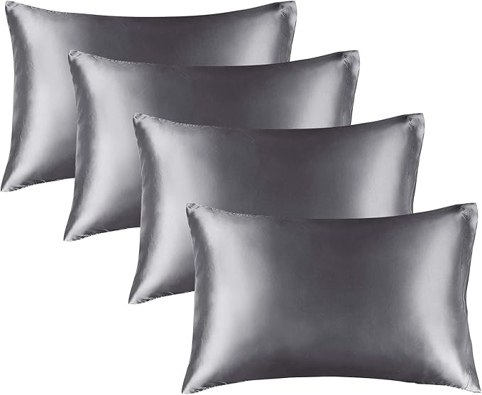 BEDELITE Satin Pillowcase for Hair and Skin, Super Soft Similar to Silk Pillow Cases 4 Pack with Envelope Closure, Cooling Pillowcases for Women Men (20"x30" Queen Size, Dark Grey)