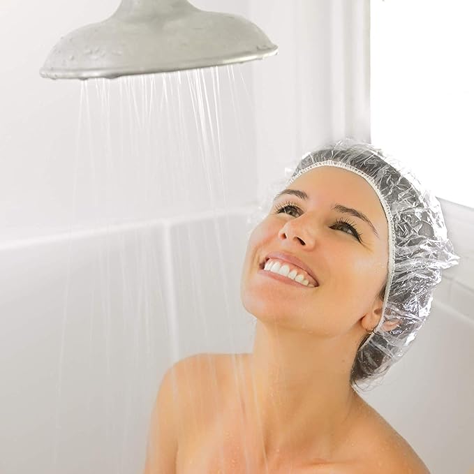 Auban 30PCS Disposable Shower Caps, Plastic Clear Hair Cap Large Thick Waterproof Bath Caps for Women, Hotel Travel Essentials Accessories Deep Conditioning Hair Care Cleaning Supplies(17.3")