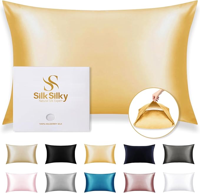SilkSilky 100% Mulberry Silk Pillowcase - Pure 22 Momme High-Grade 6A Fibers for Hair & Skin, Envelope Closure, Natural, Organic, Breathable & Cooling Pillow Case (King, Champagne)