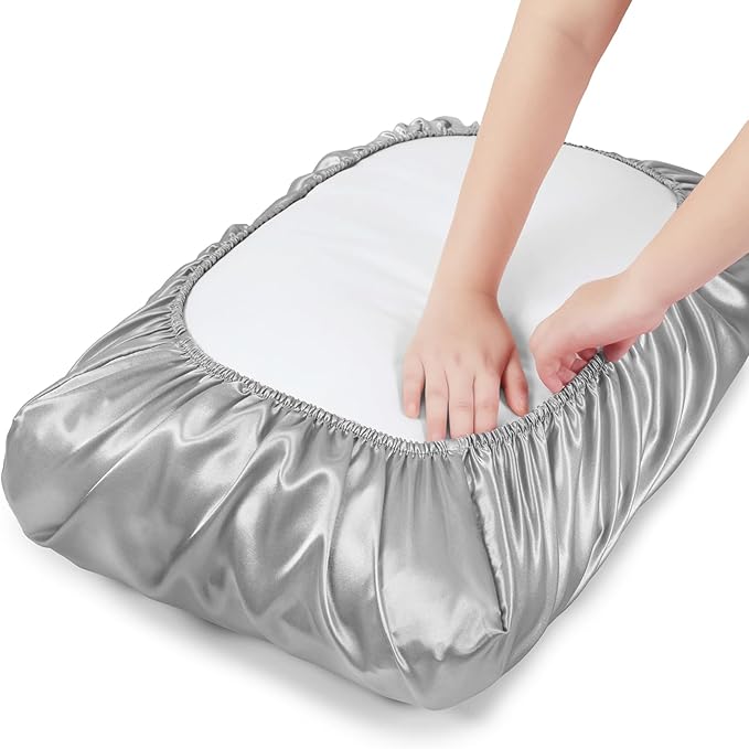 SiinvdaBZX Silver Grey Satin Pillowcase Standard/Queen Size Set of 2, Silky Travel Elastic Band Satin Pillow Case for Hair and Skin, Soft Portable & Fit for Various Pillow