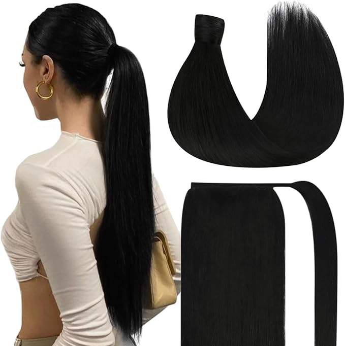 Ve Sunny Hair Extensions Ponytail Real Human Hair Wrap Around Clip in Ponytail Hair Extensions Straight Extensions Human Hair for Women Jet Black 22inch 80G