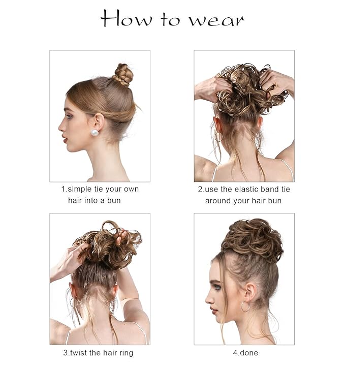 SARLA 2PCS Messy Hair Bun Hair Pieces Wavy Curly Synthetic Updo Fake Scrunchies Ponytail Extension for Women Brunette/Ash Blonde Highlight
