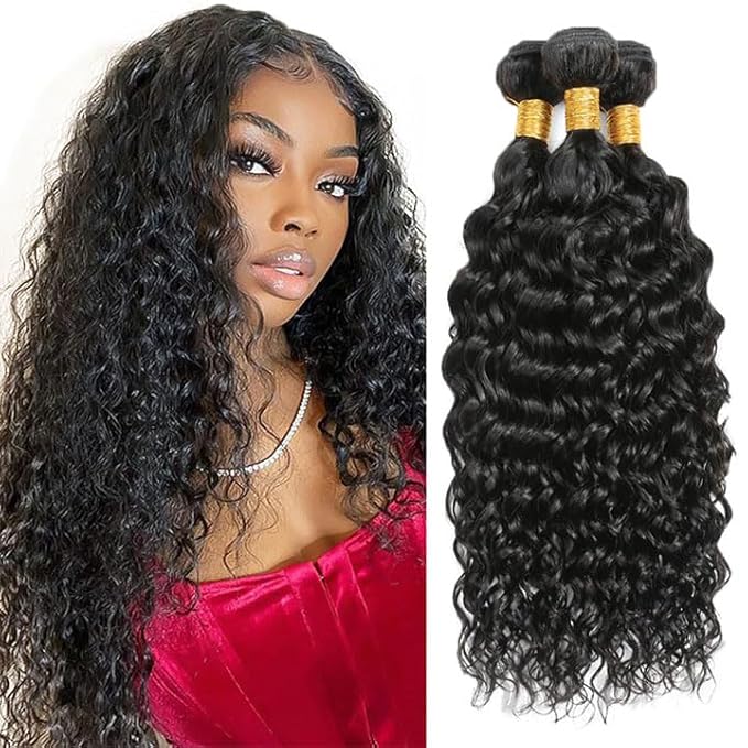 Bundles Human Hair Natural Black Water Wave Bundles 18 20 22 Inch Double Weft Color 1B Wet and Wavy Bundle Niegmeag Peruvian Virgin Soft and Silky Remy Hair Extensions