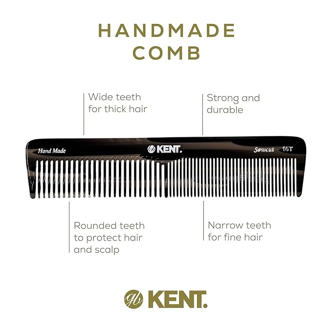 Kent 16T Tortoiseshell and Graphite, Fine and Wide Tooth for Daily Grooming, Handmade Styling Comb for All Hair Types, Wet and Dry Hair Detangling Comb, Saw Cut Hand Polished, Made in England