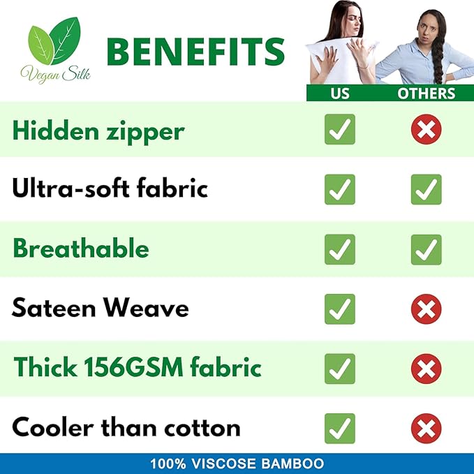 Pillow Cases - 100% Viscose Derived from Bamboo - Cooling Pillowcase - Standard Size, Gray, Set of 2 Zippered - for Hot Sleepers - Soft Pillow Covers - by Vegan Silk