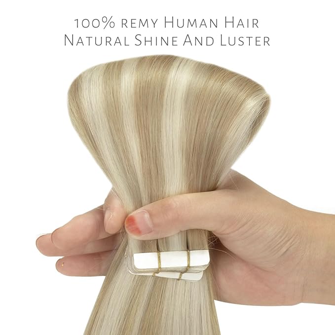 Lacer Hair Extensions Tape in Natural Highlight Skin Weft Real Virgin Hair Highlight Ash Blonde Mixed Light Blonde Color Double Side Remy Tape in Human Hair Extensions 50g 20pcs 22 Inch